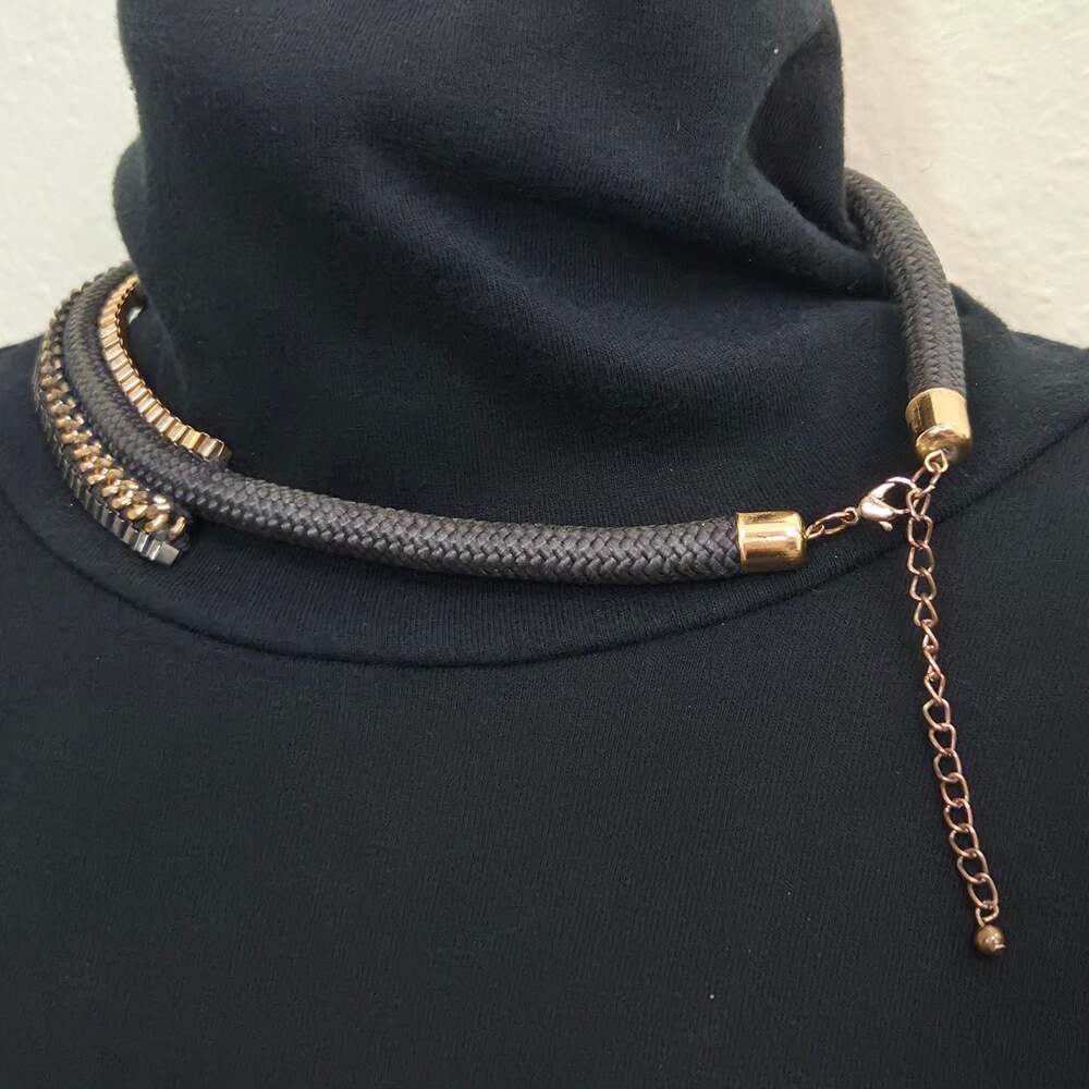 Chunky Black Braided Cord Collar Necklace with Metal Chain Zipper Accents - Picture 4 of 7